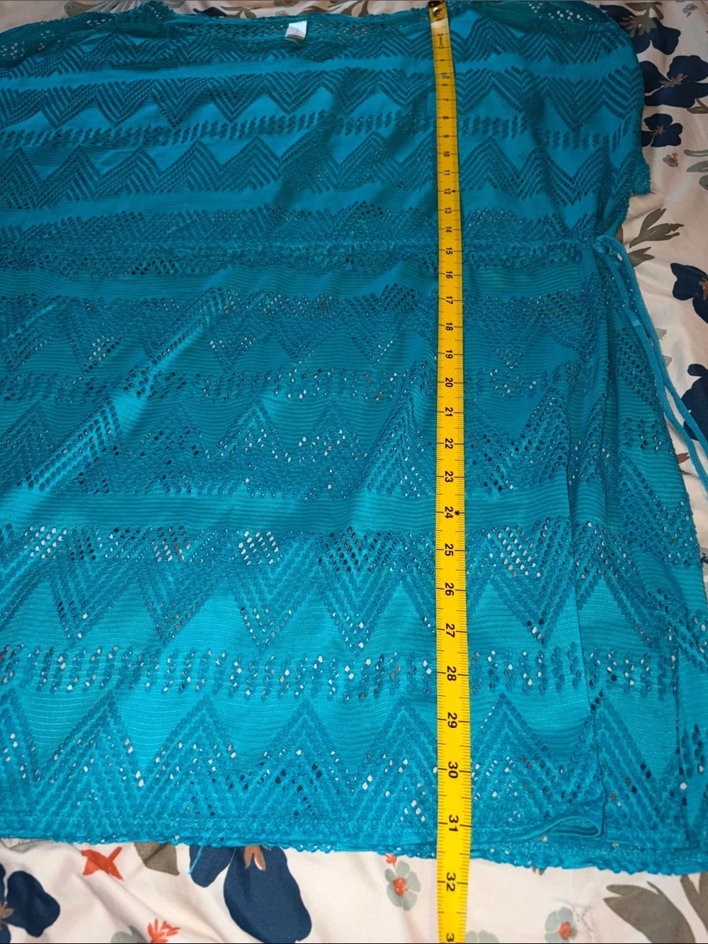 Women’s Teal Crochet Beach Cover-Up with Neon Tassel Drawstring - Picture 10 of 10